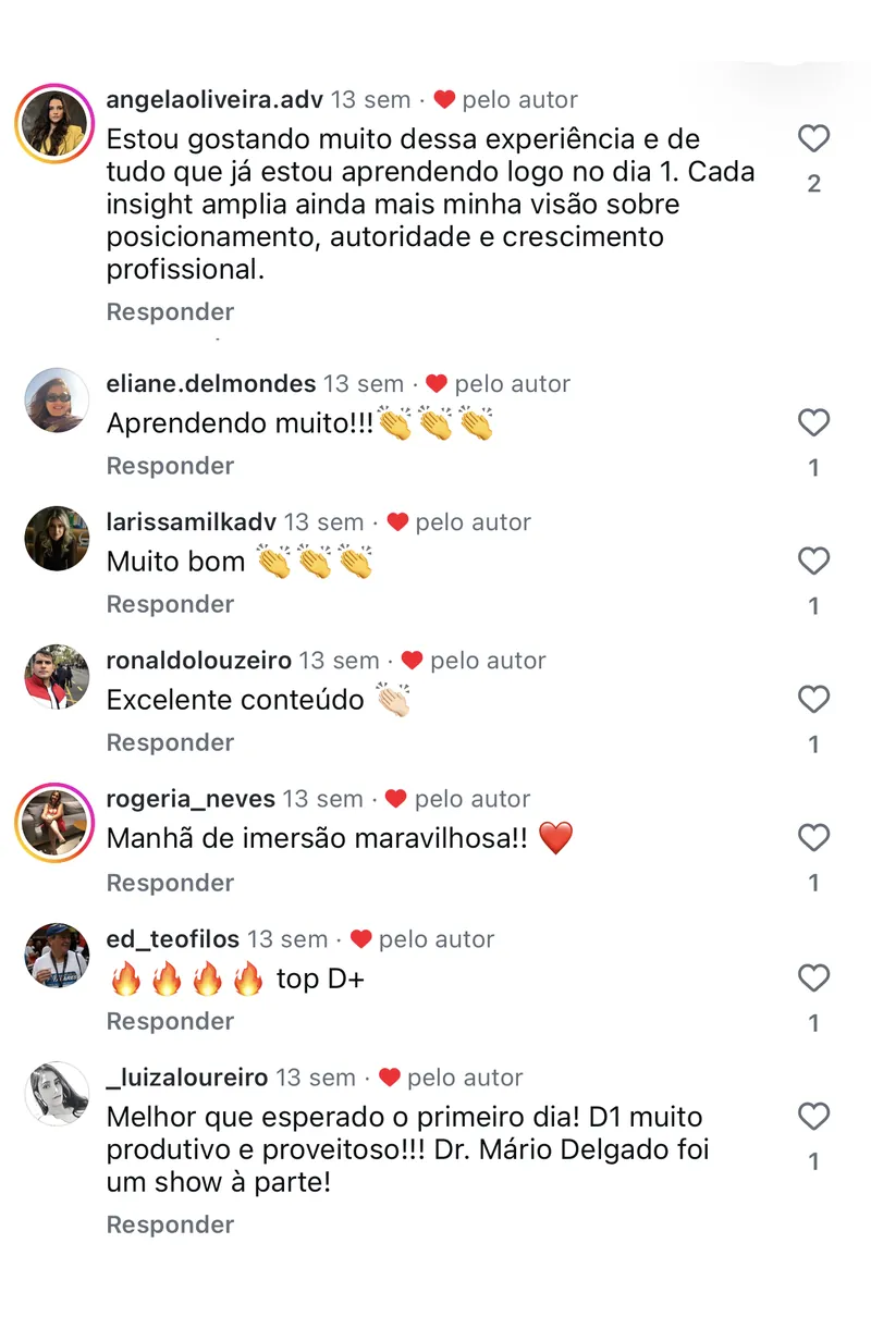 Feedbacks de alunos no Instagram sobre a imersão Holding na Prática