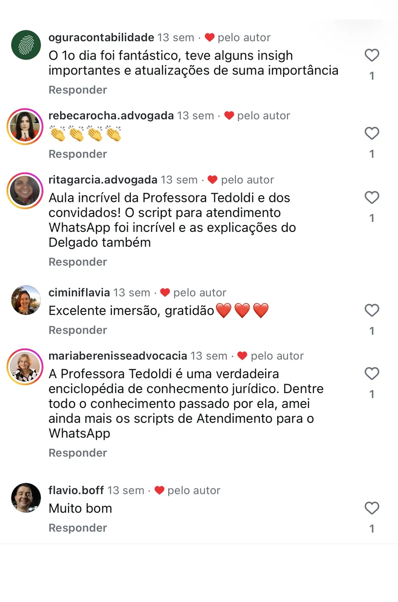Comentários de alunas e alunos da imersão com a professora Tedoldi