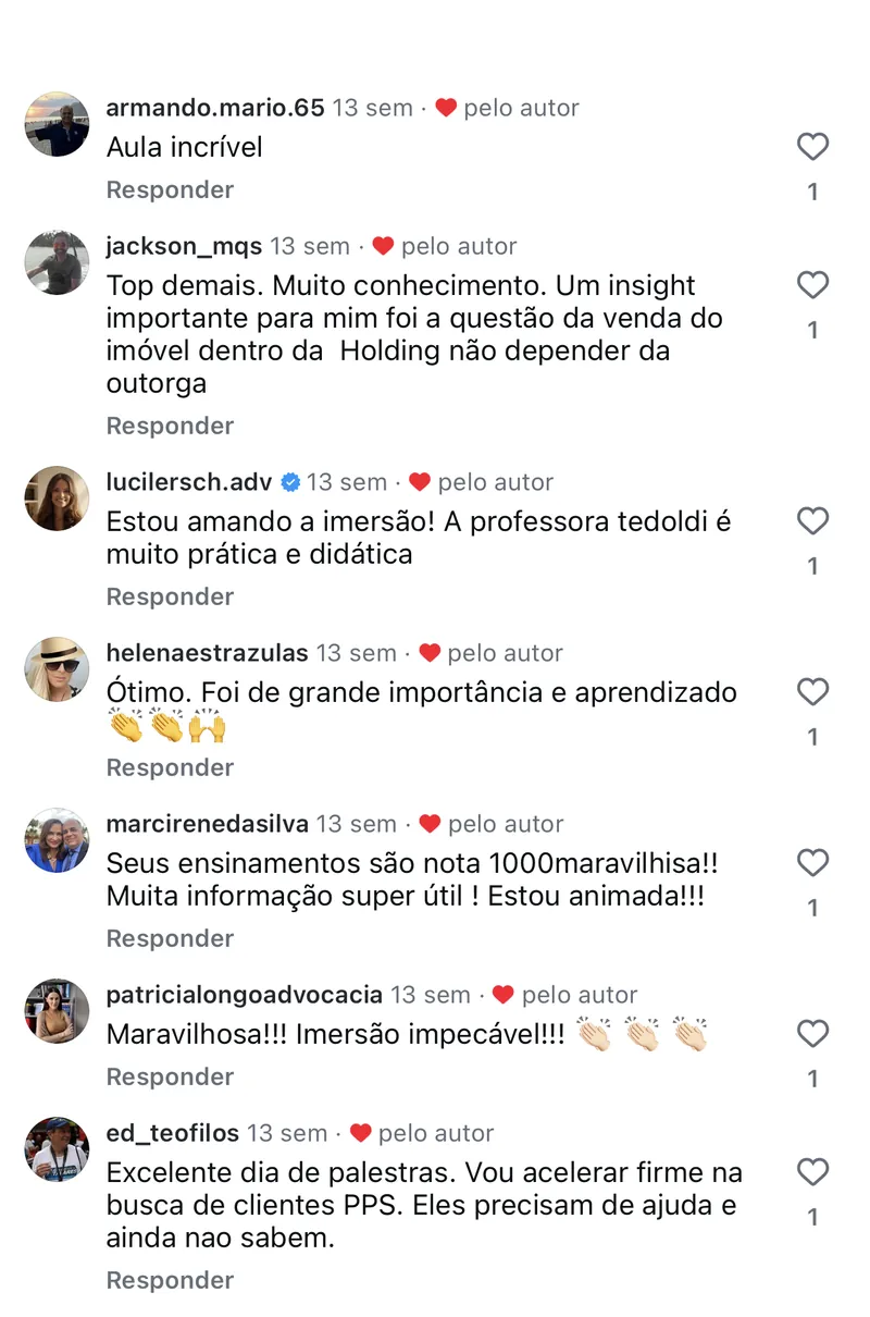 Prints de feedbacks positivos da imersão anterior